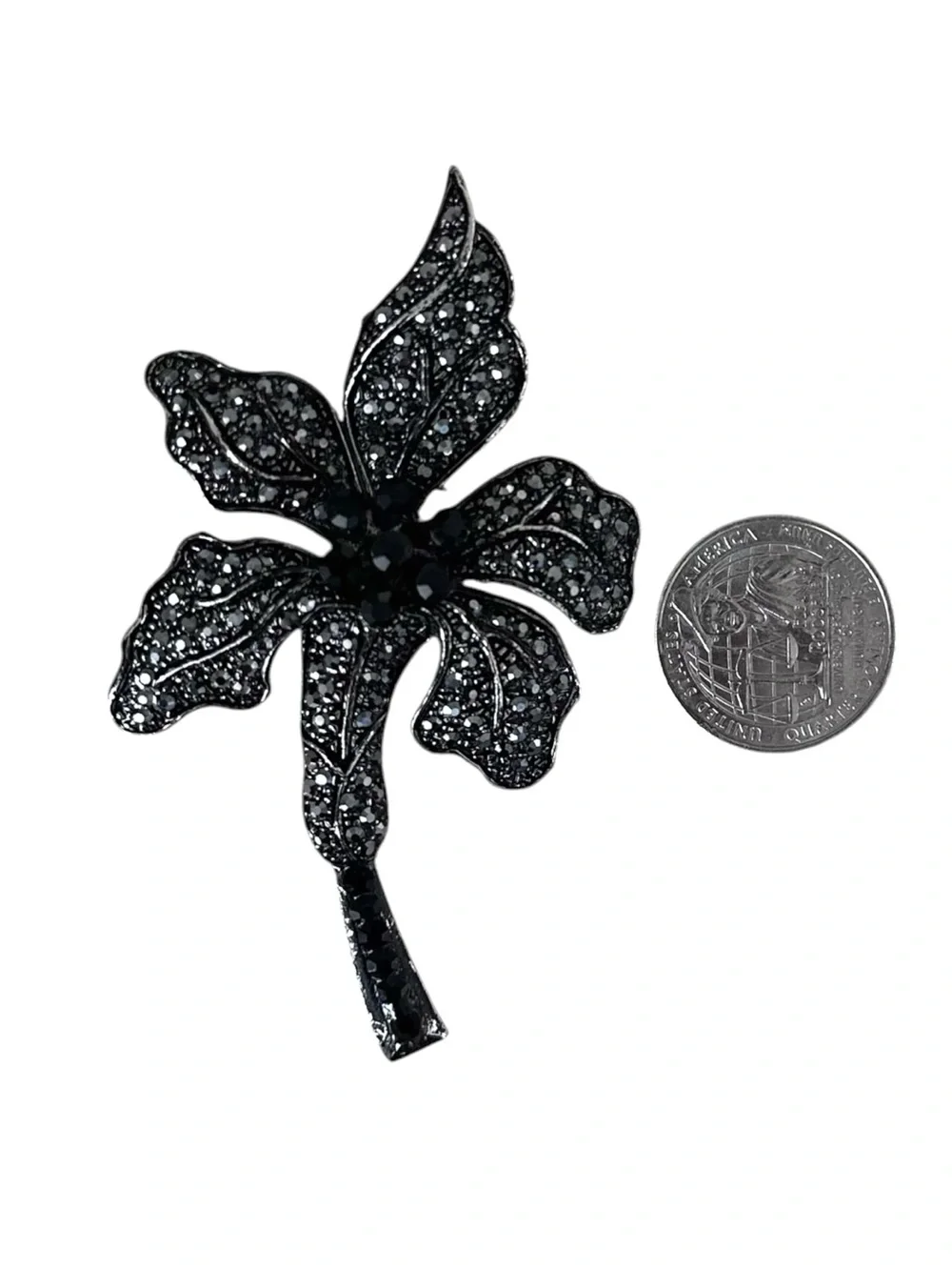 Vintage Black Sparkling Rhinestone Orchid Flower Brooch Pin Jewelry